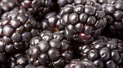 A detailed image of a blackberry cluster, focusing on the shiny, plump drupes and their dark purple color.