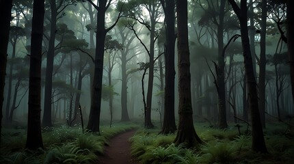 Fototapeta premium shows a path through a dark and gloomy forest.