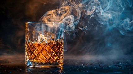 A smoky whiskey cocktail served in a crystal glass, with a plume of smoke rising elegantly from the drink, set against a dark, moody background