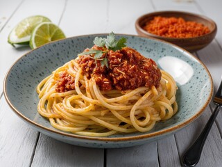 Italian Spaghetti noodles with sauce bolognese in a plate, on a table closeup, Italian food, lemon slice