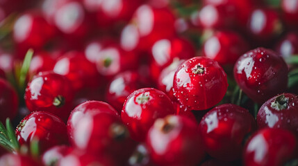 A close-up of fresh lingonberries, focusing on their smooth, glossy skin and bright red color.