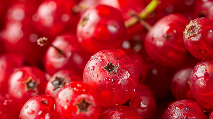 A close-up of fresh lingonberries, focusing on their smooth, glossy skin and bright red color.