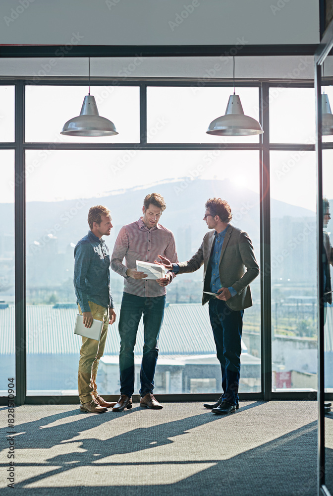 Poster business people, men and discussion with paperwork for planning by window of office for b2b brainsto