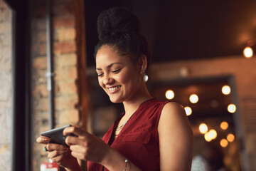 Cafe, happy woman or customer with cellphone for typing, online review and digital order with...