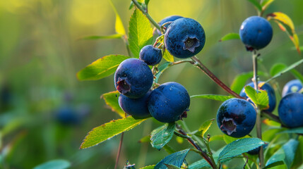 A detailed shot of wild huckleberries, capturing their deep blue color and the slight sheen on their skin.