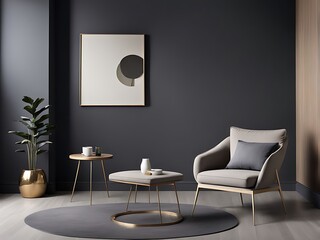 Living room in dark gray and beige, Minimalist style with empty black microcement wall, beige taupe ivory accent chair, golden lamp, modern reception lounge, 3D render