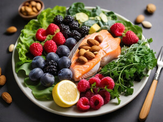 A plate filled with kidney-friendly foods, such as leafy greens, berries, fish, and nuts, highlighting the role of nutrition in maintaining kidney health. with Generative AI Technology