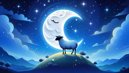 Eid Mubarak Sheep on hill with crescent moon and stars background