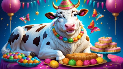 Naklejka premium Cow celebrating Eid with sweets dishes digital art