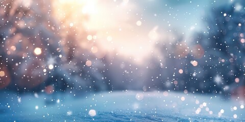A blurred background of a snowy landscape, with soft flakes falling gently from the sky, invoking feelings of peace and serenity. 