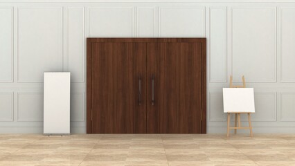 3D rendering of Hall door with standee and Easel stand branding mockup for event, exhibition or promotional activities. HD mock-up of the standee near the door.