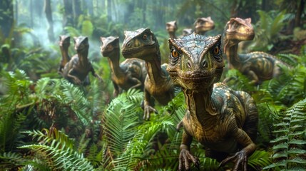 A group of baby dinosaurs are walking through a lush green forest