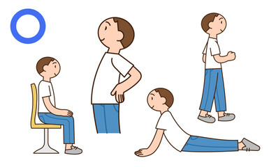 Good postures for back pain. Cartoon style character illustration clip art. 