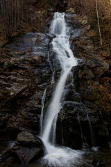 Mountain waterfall meandering amid trees and rocks
