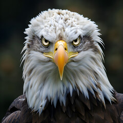 Fototapeta premium Close up portrait of a bald eagle facing forward, engaging the viewer with its intense gaze