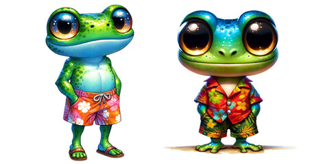 Colorful cartoon frogs in summer clothing, featuring vibrant patterns and cheerful expressions, perfect for various creative projects.