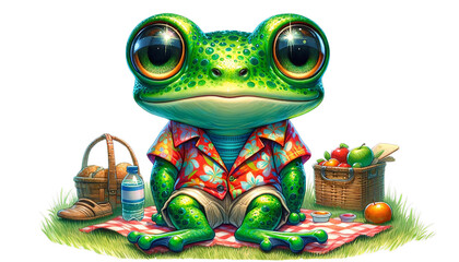 Cute frog in a Hawaiian shirt enjoying a picnic with baskets and fruits, blending vibrant colors and whimsical charm.