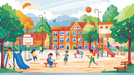 A diverse group of students playing on a school playground with swings, slides, and a basketball court cartoon Vector Illustration Generative AI