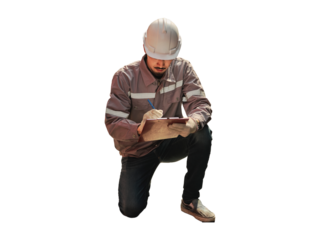 Engineers walking and checking condition Forklift container .