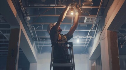 Naklejka premium An electrician on a ladder installs a lightbulb on a ceiling in a building under construction