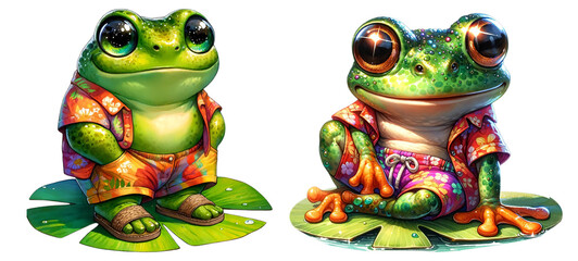 Cute cartoon frogs in colorful Hawaiian shirts sitting on lily pads. Vibrant and playful illustration perfect for fun projects.