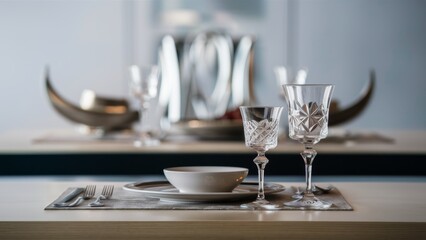 Fototapeta premium A table setting with a bowl and two glasses on it, AI