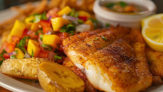 An authentic Caribbeanstyle fish fry accompanied by a zesty mango salsa and a side of fried plantains brings back memories of old beachside cookouts.