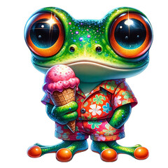 Colorful cartoon frog wearing a Hawaiian shirt and holding an ice cream cone. Fun and vibrant illustration perfect for summer themes.