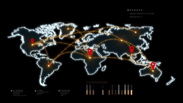 Global network map with connection points, World map showcasing interconnected locations with red markers, Technology global network and internet connection