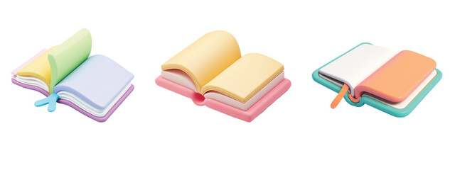 Open pastel-colored books with different page arrangements isolated on a white background. Education and reading concept