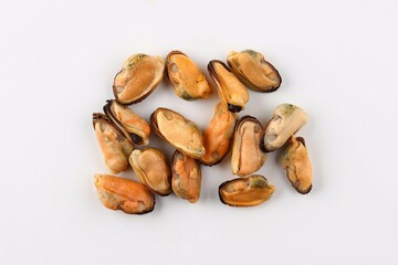 Mussels, seafood entrails without flaps, shellfish cooked boiled, close-up, isolated on white background with clipping path.