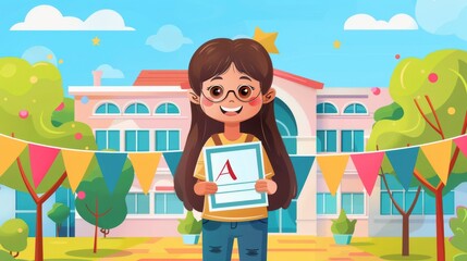 A happy student holding a report card with an A+ grade in front of a school building with colorful banners cartoon Vector Illustration Generative AI