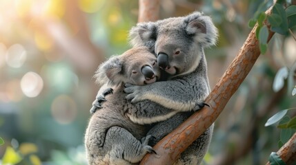 Adorable koalas hugging tree branches