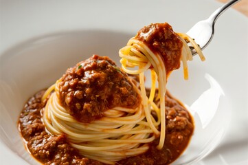 Italian Spaghetti noodles with sauce bolognese wrapped around fork and hanging, plate, Italian food
