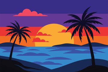 Fototapeta na wymiar Evening on the beach with palm trees. An evening on the beach with palm trees. Colorful picture for rest. Blue palm trees at sunset. Orange sunset in the blue sky