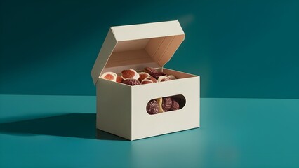 Open lid and window sweets inside confectionary packaging cardboard box, packaging box mockup, product mockups