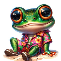 Cute cartoon frog in Hawaiian shirt, sitting with large eyes, vibrant colors and whimsical expression
