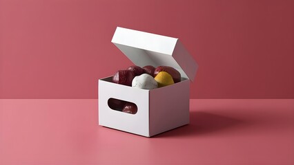Open lid and sweets inside packaging cardboard box, packaging box mockup, product mockups