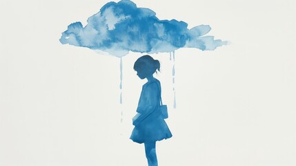 A girl is standing under a blue cloud with rain falling on her. Scene is sad and melancholic