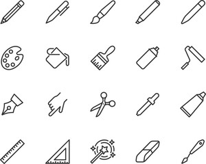 Vector set of drawing tools line icons. Contains icons pencil, pen, brush, bucket paint, palette knife, roller, palette, marker and more. Pixel perfect.