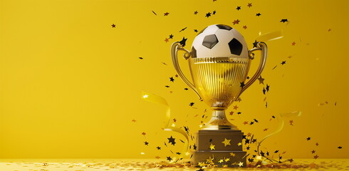 A gold cup with a ball inside. Celebrating a football victory. Background for banners, flyers, social networks and news channels