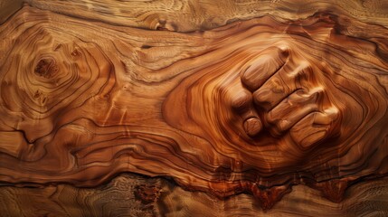 Image of a closed fist carved in wood.