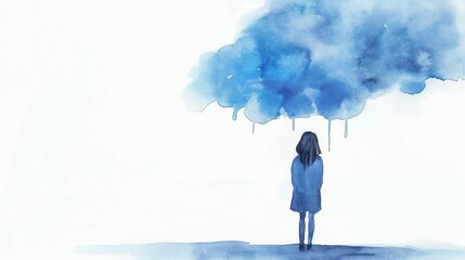 A girl is standing in the rain with an umbrella. The sky is cloudy and the girl is looking up at the sky. Scene is sad and melancholic