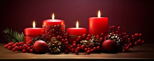christmas candles and decorations, Two burning candles on dark surface with blurred lights