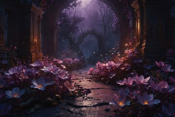 A dark, mysterious forest with a path of flowers leading through it
