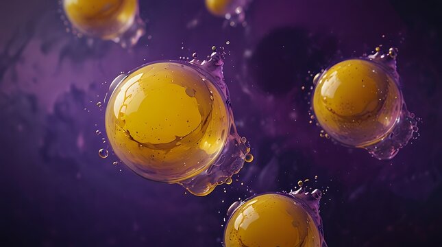 yellow and purple blobs of paint  yellow blobs are mostly circular 