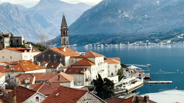 View of the magnificent Perast beach from above in Perast, Montenegro.
