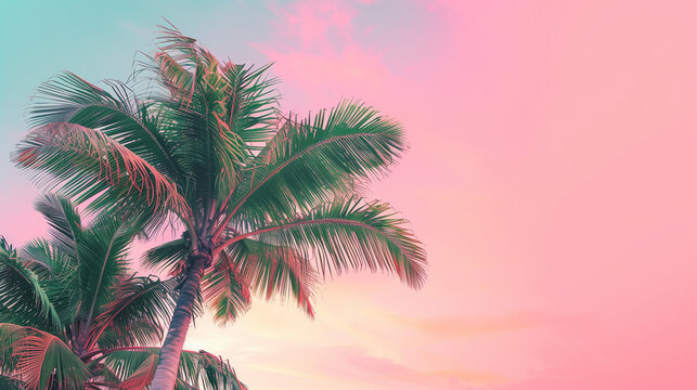 sky in pink tones with a palm tree view from below. Green coconut palm trees on summer colorful pink sky with copy space. Beautiful tropical seascape background minimal style