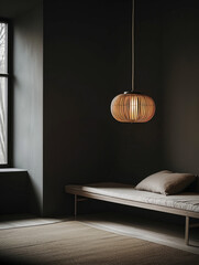 Fototapeta premium Living room on the background of a dark classic wall with lighting by AI generate.