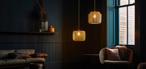Living room on the background of a dark classic wall with lighting by AI generate.